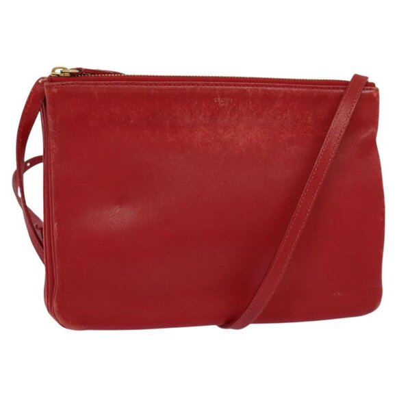 CELINE Trio Small Shoulder Bag Leather Red Gold - Picture 1 of 15